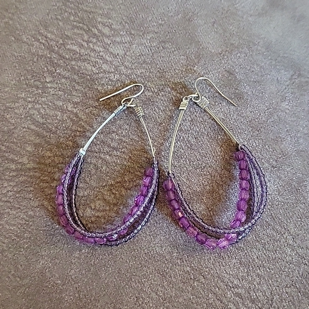 HANDMADE Set of Two Purple Teardrop Hoop Acrylic Gem Earrings - Picture 2 of 5